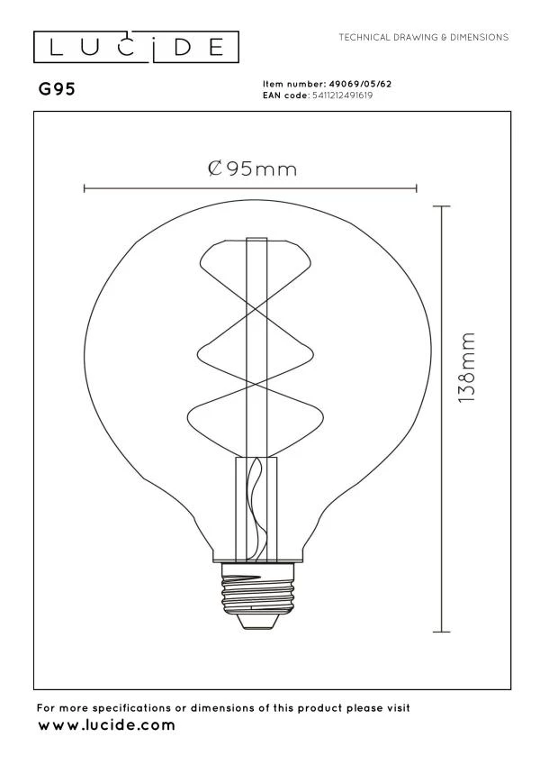Lucide G95 - Ampoule filament - Ø 9,5 cm - LED Dim. - E27 - 1x5W 2700K - Ambre - technique